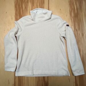 LL Bean Fleece Mock Turtleneck‎ Ivory Leather Patch Vintage Womens Small Regular